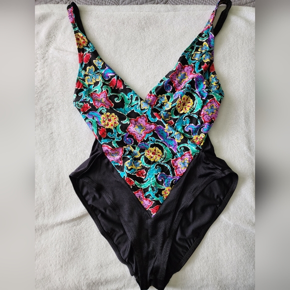 Cole of California Vtg 80s Black Multi Color Floral One Piece Swimsuit - Sz 16 - Picture 3 of 13